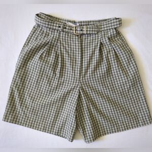 Vintage Small Linen Blend High Rise Pleated Plaid Belted 7" dress Shorts